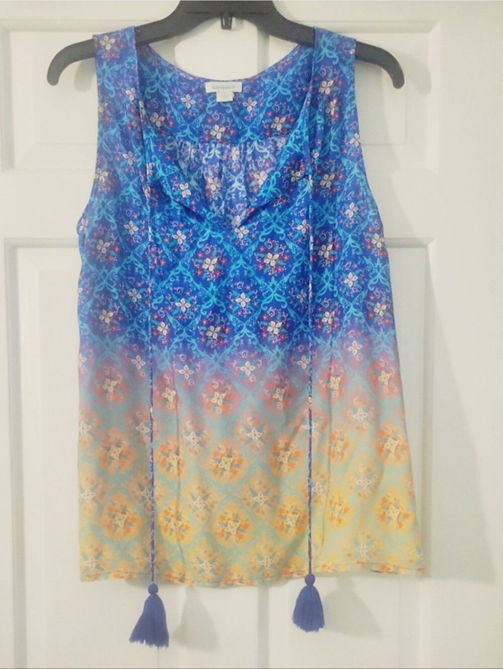 Sundance Blue to Yellow Ombre Sleeveless Tassel Blouse Small